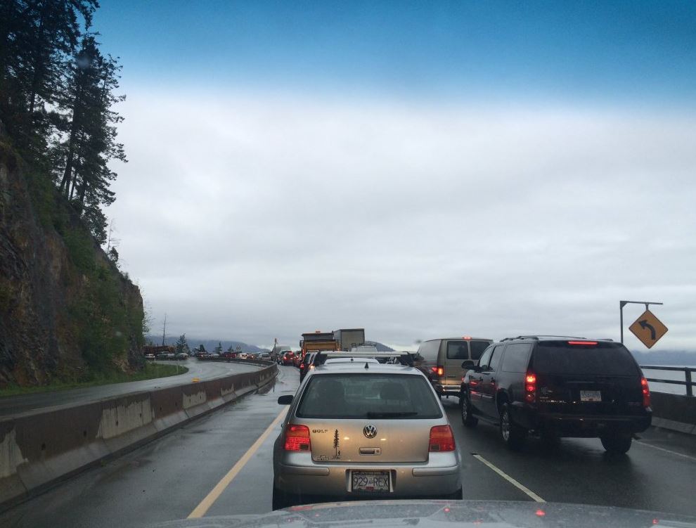 Cars lined up on the Sea to Sky Highway.