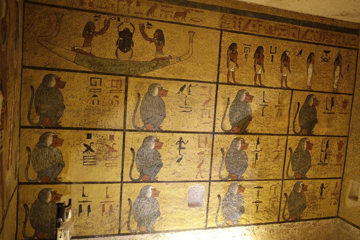 The western wall of King Tutankhamun's burial chamber at his tomb at the Valley of the Kings in Luxor, Egypt, Friday, April 1, 2016.