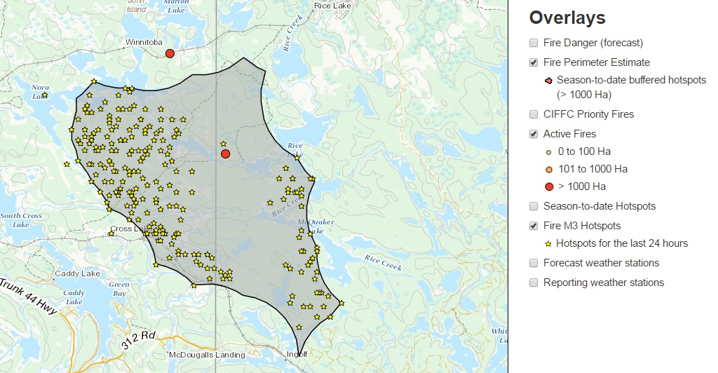 Map showing the wildfire perimeter and hotspots in the last 24 hours in the Whiteshell area.