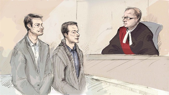 Dellen Millard (left) and Mark Smich appear in court in front of Justice Andrew Goodman in Hamilton, Ont. on Monday, Jan. 18, 2016.