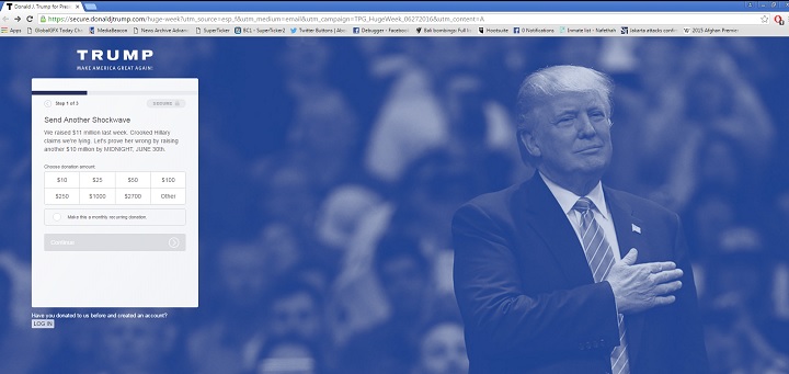 Links in an email soliciting donations for Donald Trump's presidential campaign are directed to a donation page on Trump's website.