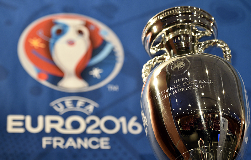 A picture shows the  Henri Delaunay cup, the trophy of the UEFA European Football Championship.