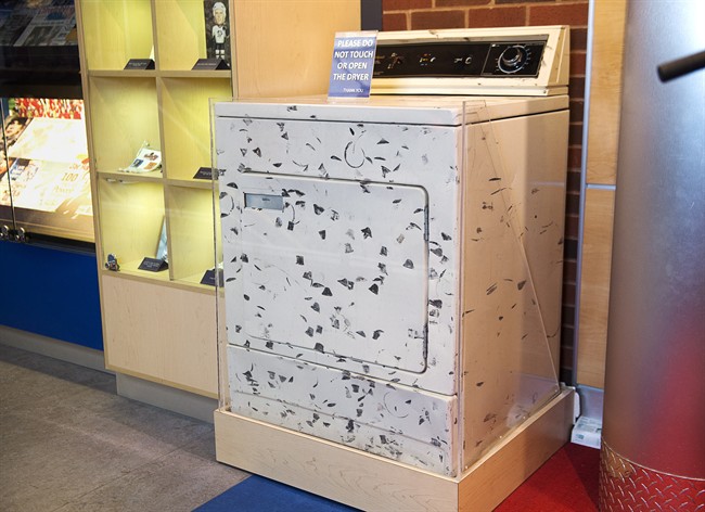 The clothes dryer from his family home is part of the Sidney Crosby display at the Nova Scotia Sport Hall of Fame in Halifax on Tuesday, June 6, 2016.