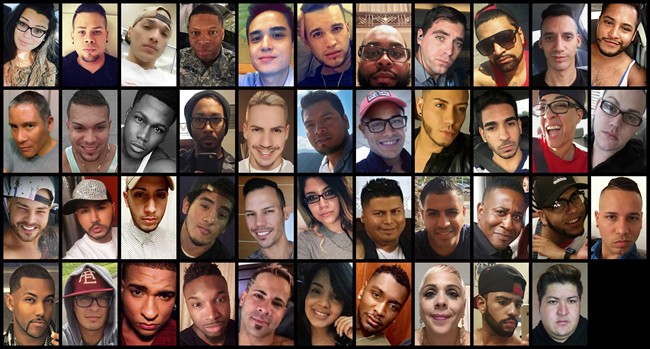 Victims of the Orlando Nightclub shooting. Top row from left are: Amanda Alvear, Angel L. Candelario-Padro, Anthony Luis Laureano Disla, Antonio Davon Brown, Christopher Leinonen, Christopher Joseph Sanfeliz, Darryl Roman Burt II, Edward Sotomayor Jr., Enrique L. Rios Jr., Eric Ivan Ortiz-Rivera and Frank Hernandez. Second row from left are: Franky Jimmy De Jesus Velazquez, Gilberto Ramon Silva Menendez, Jason Benjamin Josaphat, Javier Jorge-Reyes, Jean Carlos Mendez Perez, Joel Rayon Paniagua, Jonathan Antonio Camuy Vega, Juan P. Rivera Velazquez, Juan Ramon Guerrero, Kimberly Morris and Leroy Valentin Fernandez. Third row from left are: Luis D. Conde, Luis Daniel Wilson-Leon, Luis Omar Ocasio-Capo, Luis S. Vielma, Martin Benitez Torres, Mercedez Marisol Flores, Miguel Angel Honorato, Oscar A Aracena-Montero, Paul Terrell Henry, Peter O. Gonzalez-Cruz and Rodolfo Ayala-Ayala. Bottom row from left are: Shane Evan Tomlinson, Simon Adrian Carrillo Fernandez, Stanley Almodovar III, Tevin Eugene Crosby, Xavier Emmanuel Serrano Rosado, Yilmary Rodriguez Sulivan, Eddie Jamoldroy Justice, Brenda Lee Marquez McCool, Geraldo Ortiz-Jimenez and Juan Chavez Martinez.