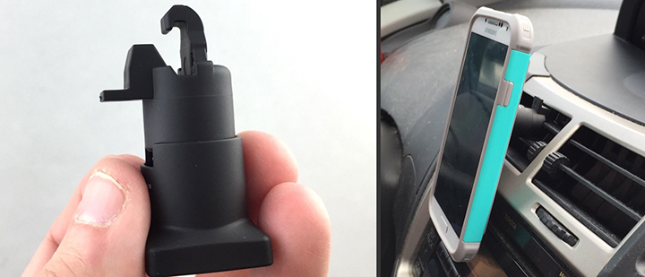 The tiny Mountie car mount from Caseco clips on air grills and attaches to your phone via small ring magnet