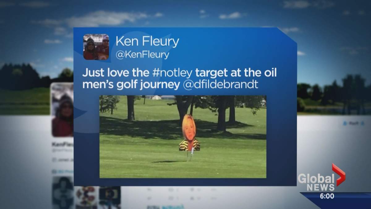 A photo showing a cutout of Rachel Notley’s head being used as a golf target is making the rounds on Twitter.