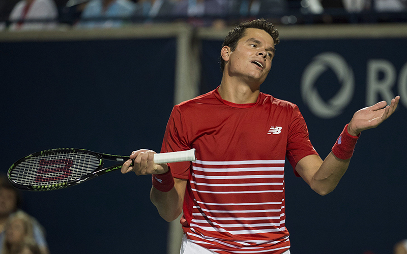 Milos Raonic of Canada reacts while playing against Gael Monfils of France during men's quarter-final Rogers Cup tennis action in Toronto on Friday, July 29, 2016. Raonic lost. 