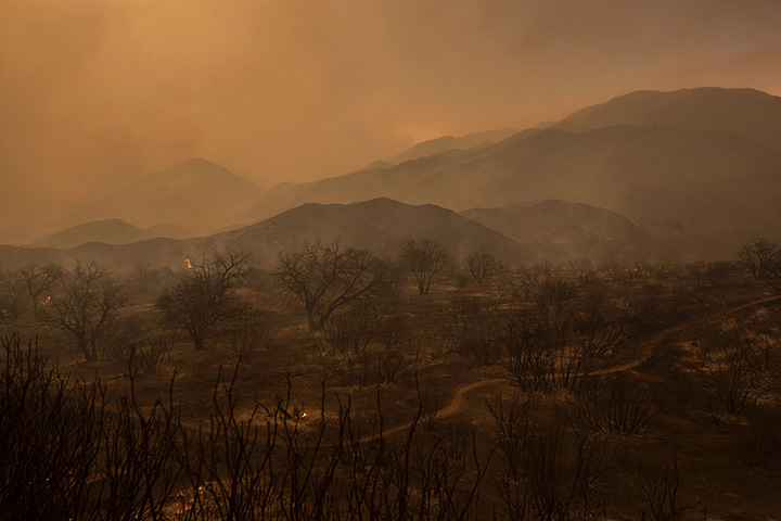 A scorched landscape is left smoldering at the Sand Fire on July 23 2016 near Santa Clarita, California.