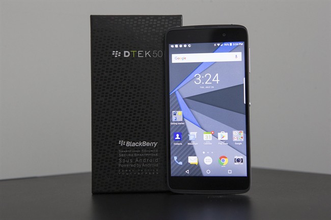 The BlackBerry DTEK50 is pictured at its launch in Toronto on Tuesday, July 26, 2016. THE CANADIAN PRESS/Chris Young.