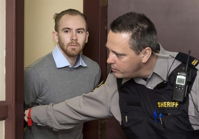 William Sandeson, left, arrives for his preliminary hearing at provincial court in Halifax on February 11, 2016.