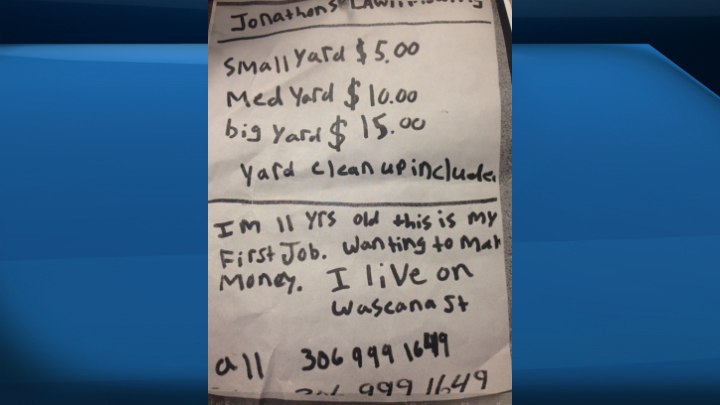 A picture of 11-year-old Jonathon McKinney’s ad for his lawn mowing business.