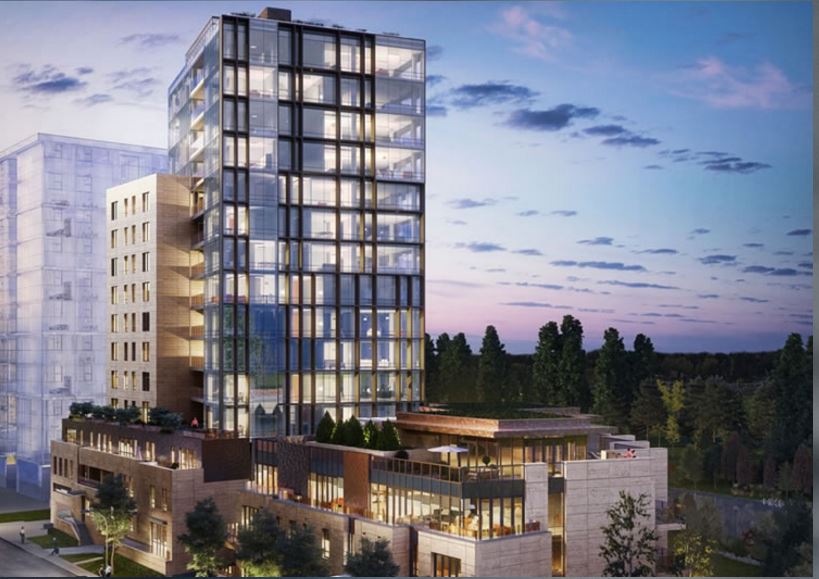 The exterior of The River, a riverfront condominium development in Calgary. 
