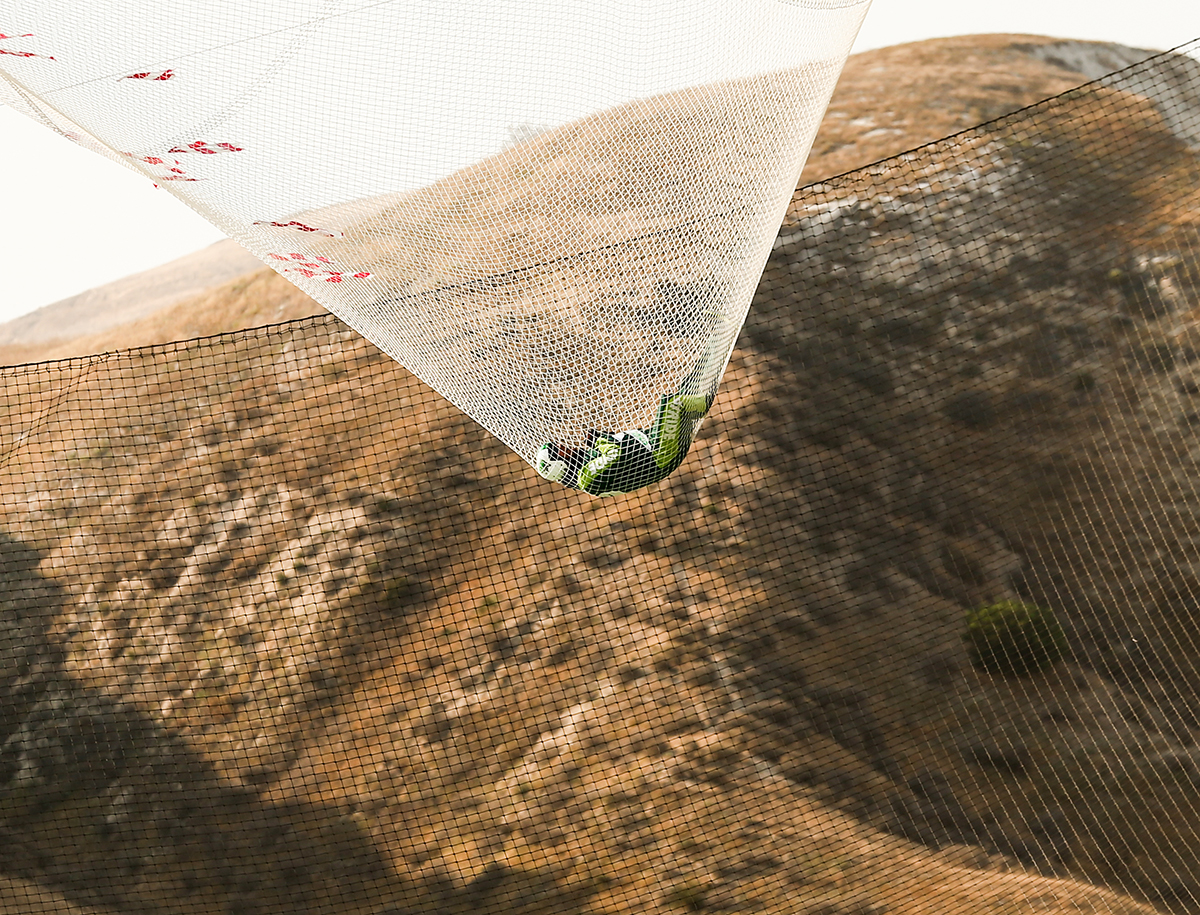 Skydiver Luke Aikins lands safely after jumping 25,000 feet from an airplane without a parachute or wing suit in Simi Valley, California. (Photo by Mark Davis/Getty Images for Stride Gum)