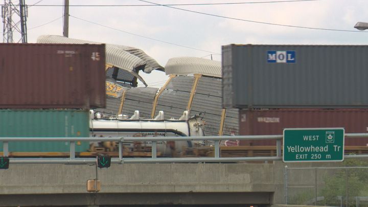 Several CN rail cars derailed at the Edmonton yard on July 17, 2016.