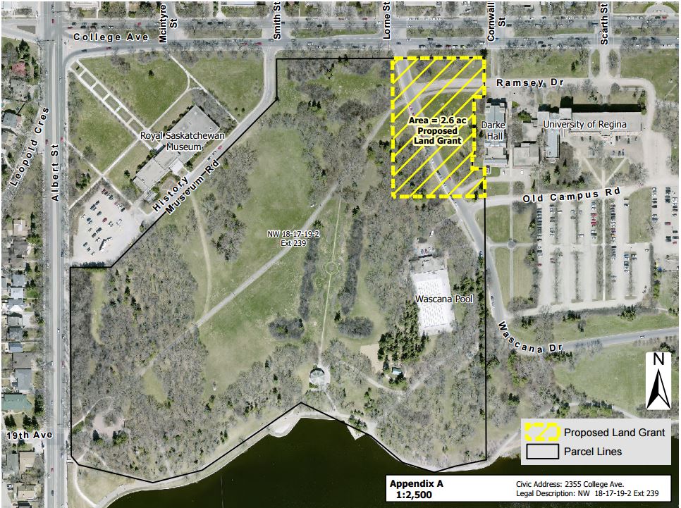 A map showing the parcel of land in Wascana park that is being transferred to the University of Regina.