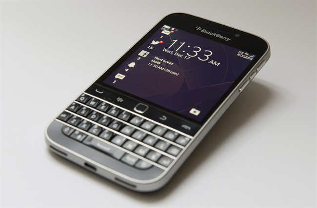 The BlackBerry Classic is is shown in Toronto on December 17, 2014. It would appear not even the federal government is immune from the occasional lost BlackBerry, broken window or head-scratching security concern.
