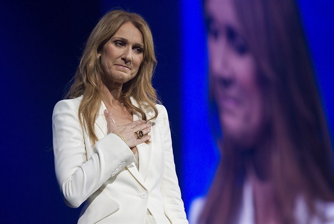 Celine Dion gestures as she performs in concert at the Bell Centre in Montreal, Sunday, July 31, 2016.