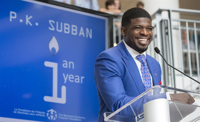 Nashville Predators defenceman P.K. Subban addresses a gathering nearly one year after making a $10-million pledge to the Montreal Children's Hospital Foundation, Wednesday, August 31, 2016 in Montreal.