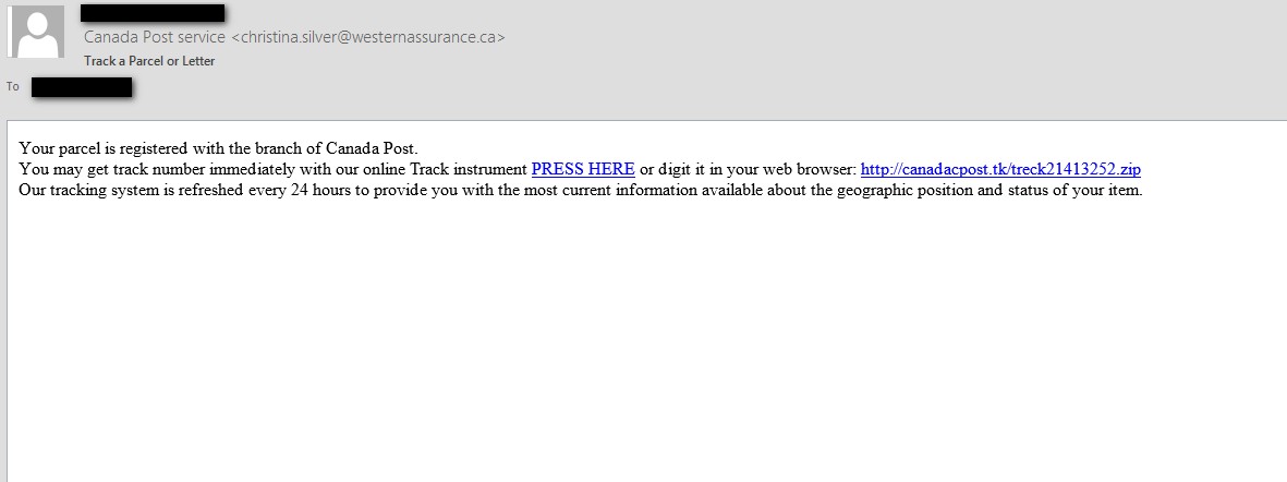 A screen grab of an email that directs the recipient to click on a link to track a package. Canada Post says anyone receiving an email like this should delete it, without clicking through or opening attachments.