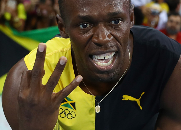 Jamaica‘s Usain Bolt celebrates winning the Jamaican team’s 4×100-metre relay gold medal at the Rio Olympics on August 19, 2016.