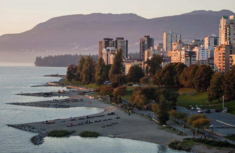 A scenic view at twilight of Sunset Beach on the West End's waterfront, English Bay, Vancouver, B.C.