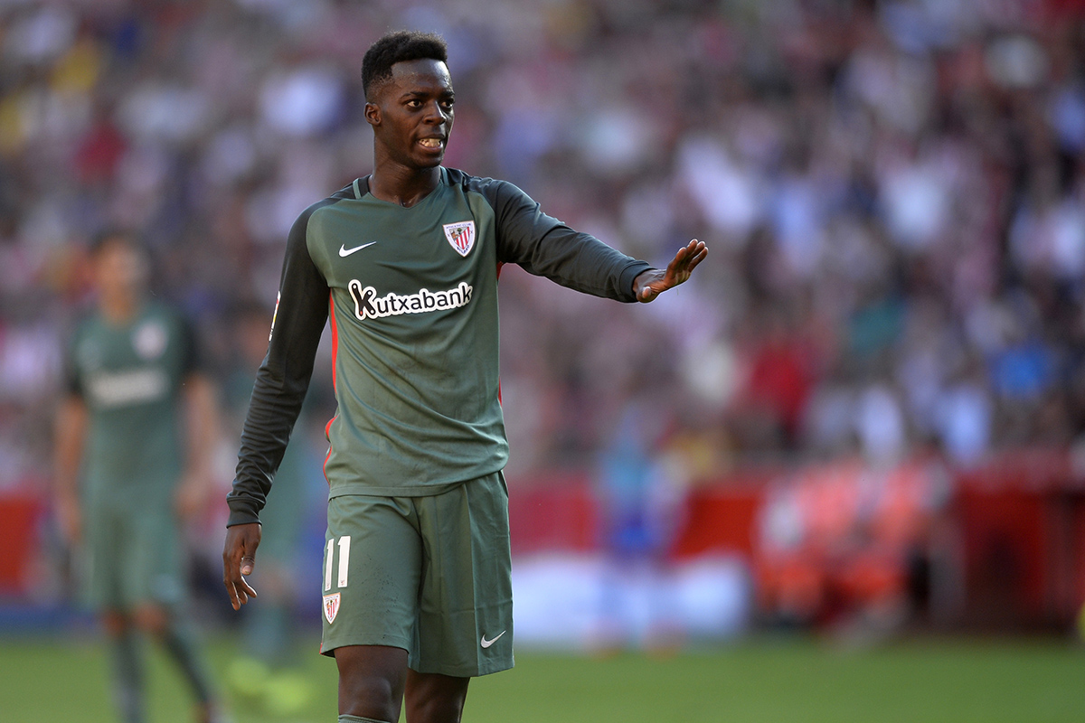 Athletic Bilbao's forward Inaki Williams gestures during the Spanish league football match Real Sporting de Gijon vs Athletic Club Bilbao at El Molinon stadium in Gijon on August 21, 2016. 