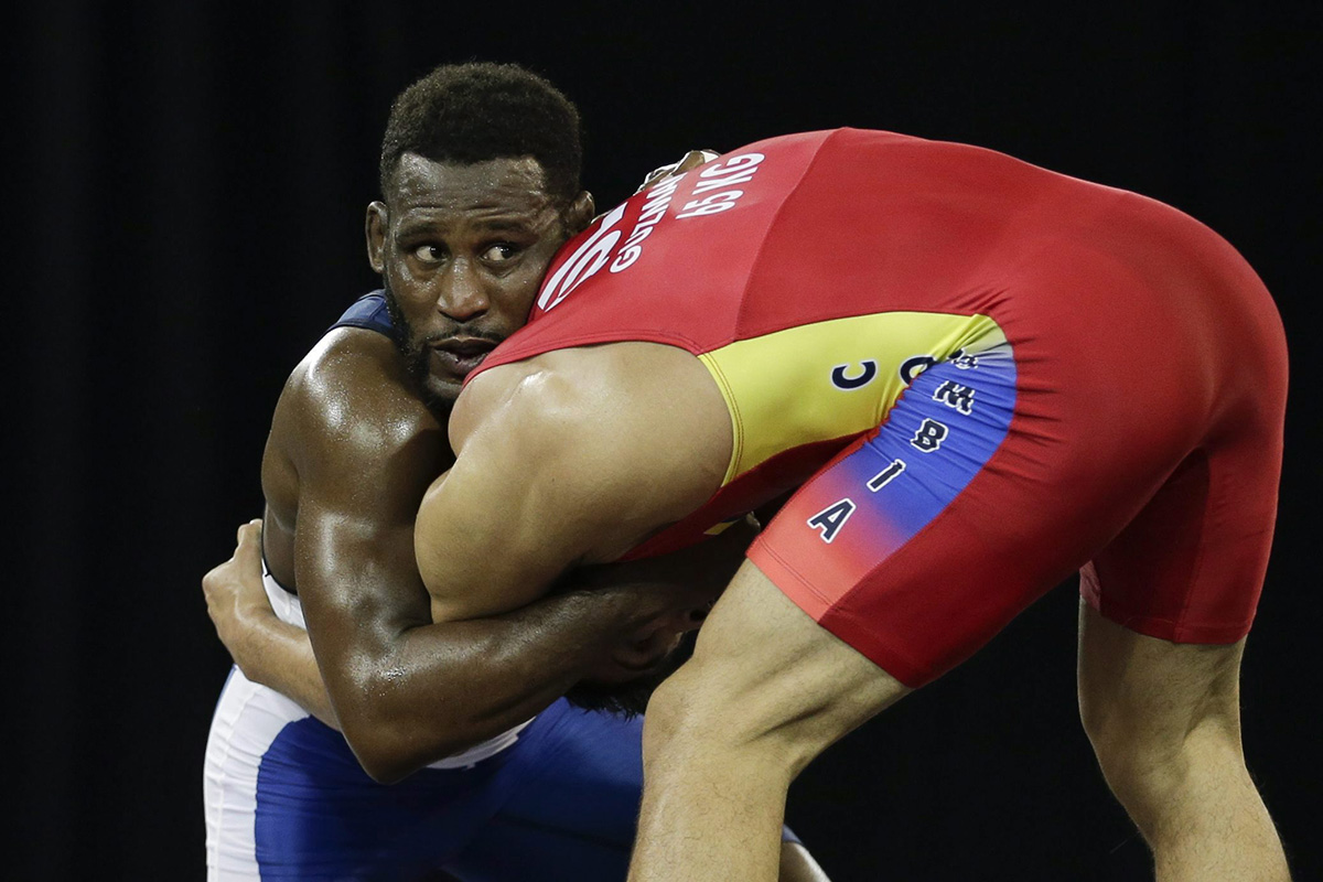 Canada’s Haislan Garcia, right, and Colombia’s Hernan Guzman wrestle during their bronze medal freestyle 65 kg wrestling match in the Pan Am Games in Mississauga, Ontario, Friday, July 17, 2015.