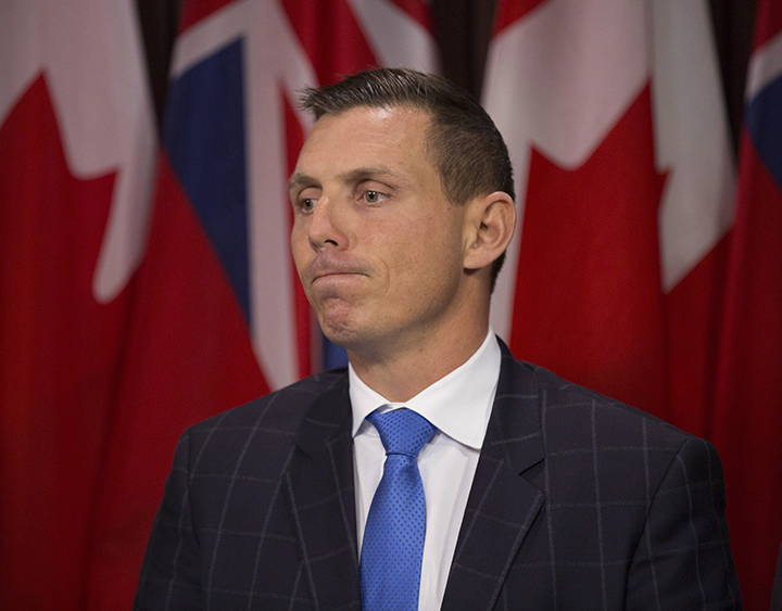 Ontario Provincial Conservative Leader Patrick Brown, answers questions from the media following the Lieutenant Governor of Ontario's Speech from the Throne, opening the second session of the 41st Parliament of Ontario, in Toronto on Monday.