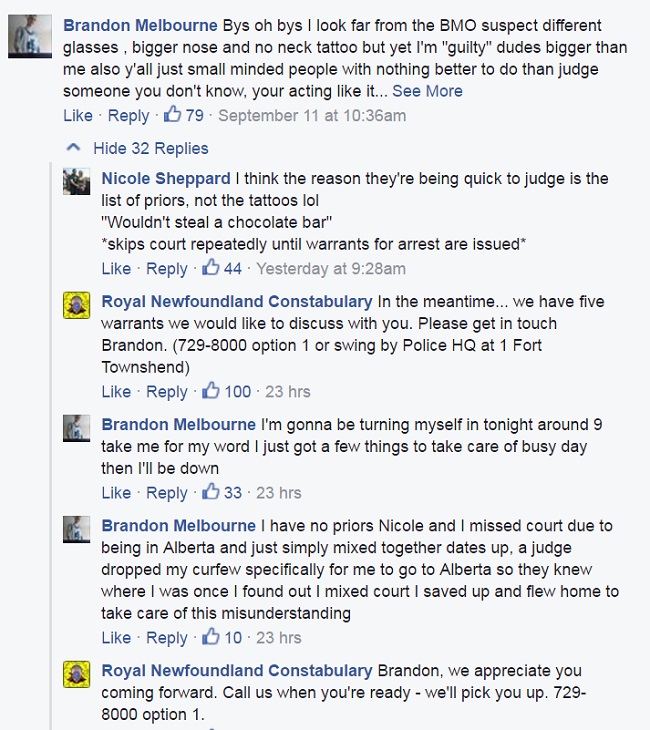 A screengrab shows part of the interaction between the Royal Newfoundland Constabulary and a fugitive on Facebook.