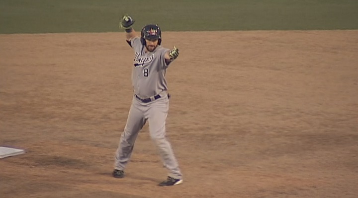 Winnipeg Goldeyes outfielder Adam Heisler celebrates an RBI double in game five of the American Association championship series on Monday.