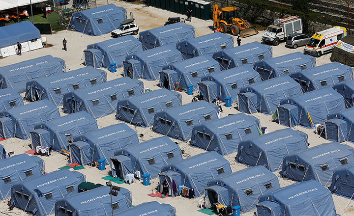 A tent camp is seen from above after an earthquake levelled the town of Amatrice, central Italy, September 1, 2016.