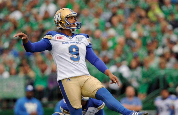 Winnipeg Blue Bombers kicker Justin Medlock kicks a field goal during first half CFL action against the Saskatchewan Roughriders in Regina on Sunday, September 4, 2016.
