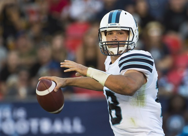 Dan LeFevour throws a pass against the Hamilton Tiger-Cats during a CFL game in Toronto on Sept. 11, 2016. 