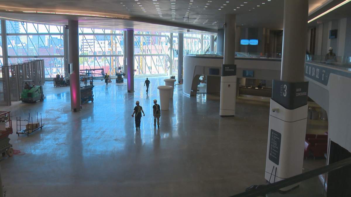 View from the suite level looking down at main concourse entrance from Ford Hall (formerly the Winter Garden) at Rogers Place arena in downtown Edmonton. Image taken September 7, 2016.