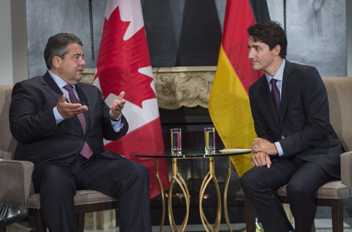 Prime Minister Justin Trudeau meets with Sigmar Gabriel, Minister of Economic Affairs and Energy and Vice Chancellor of the Federal Republic of Germany, at the Global Progress conference Thursday, September 15, 2016 in Montreal. Gabriel says the Eu-Canada trade deal, CETA, will get Germany's approval.
