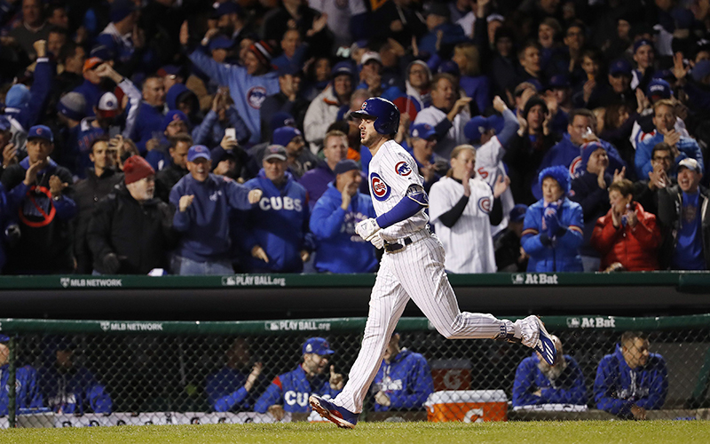 Chicago Cubs batter Kris Bryant circles the bases after hitting a solo home run in the bottom of the fourth inning of game five of the World Series between the Chicago Cubs and the Cleveland Indians at Wrigley Field in Chicago, Illinois, USA, 30 October 2016. 