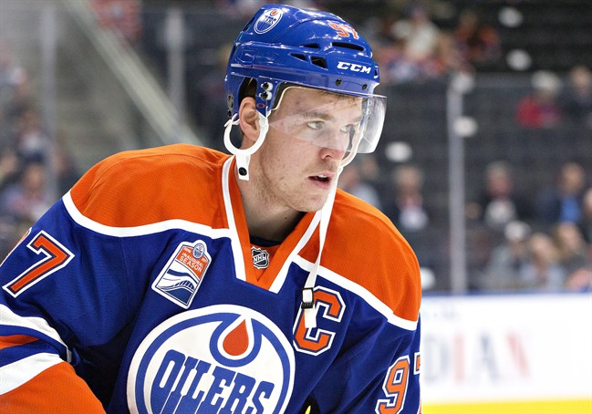 Edmonton Oilers' Connor McDavid (97) skates during warm up before the game against the Winnipeg Jets in Edmonton, Alta., on Thursday October 6, 2016. 