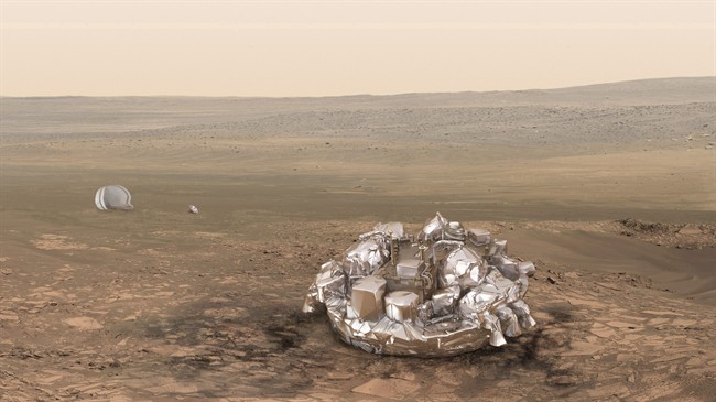 Artist impression of the Schiaparelli module on the surface of Mars provided by the European Space Agency, ESA. . 