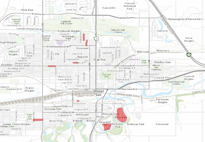 The City of Moose Jaw said Tuesday that seven areas are under a boil water advisory due to recent water main breaks. The areas in red are under the advisory. 