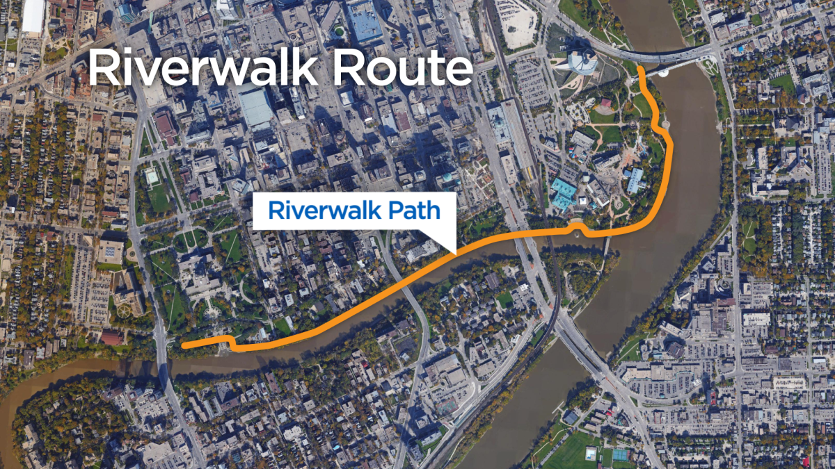 The Assiniboine Riverwalk winds along the riverbanks from underneath Esplanade Riel all the way to the foot of the Manitoba Legislature.