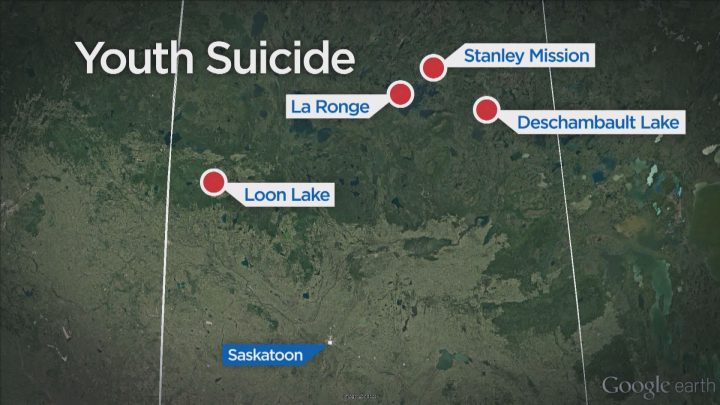 A map display the locations of a recent rash of teen suicides in Saskatchewan