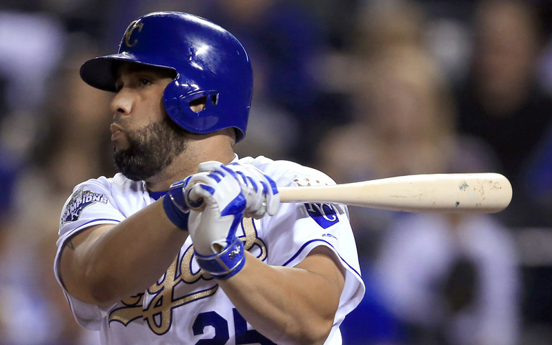Kansas City Royals designated hitter Kendrys Morales watches his RBI single during the sixth inning of a baseball game against the Chicago White Sox at Kauffman Stadium in Kansas City, Mo., Friday, Sept. 16, 2016. 