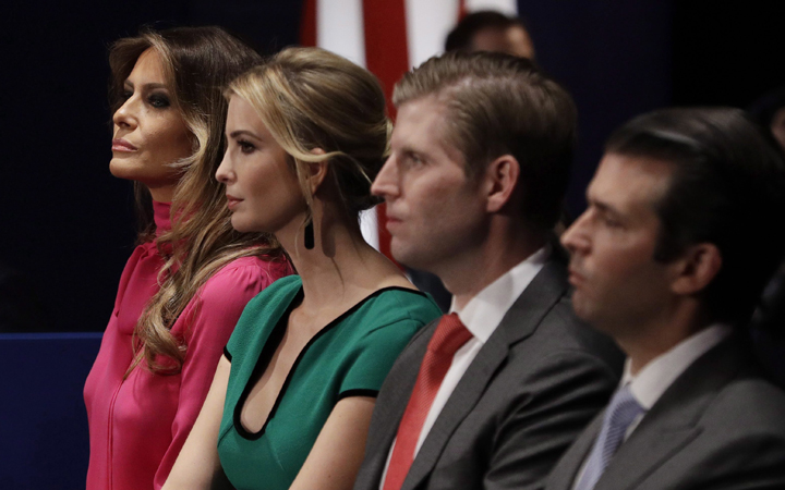 Melania Trump, Ivanka Trump, Eric Trump and Donald Trump, Jr. wait for the second presidential debate between Republican presidential nominee Donald Trump and Democratic presidential nominee Hillary Clinton at Washington University in St. Louis. 
