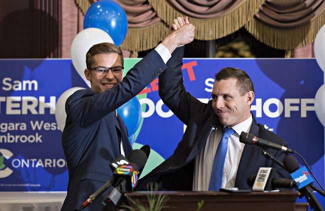 19-year-old Progressive Conservative candidate Sam Oosterhoff, left, and Ontario PC leader Patrick Brown, celebrate Oosterhoff winning the byelection in Niagara-West Glanbrook, becoming Ontario's youngest-ever MPP, Thursday, November 17, 2016 in Grimsby.