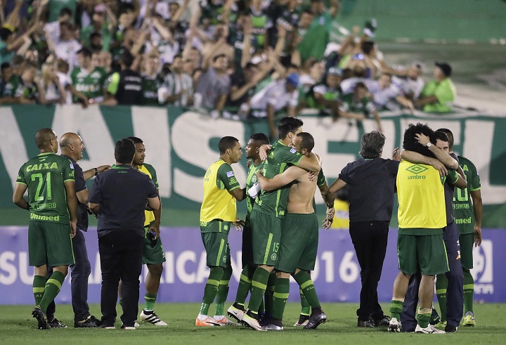 In this Wednesday, Nov. 23, 2016 file photo, players of Brazil’s Chapecoense celebrate at the end of a Copa Sudamericana semifinal soccer match against Argentina’s San Lorenzo in Chapeco, Brazil.
