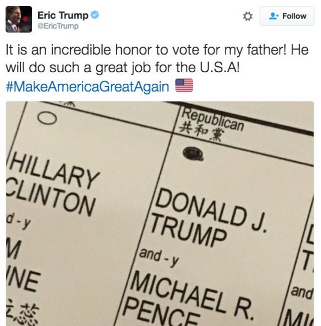 Eric Trump takes voting selfie, violates state law - image