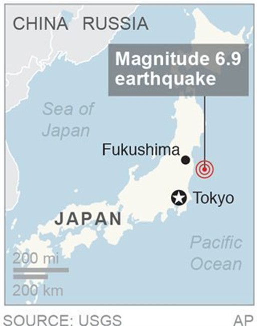 Map locates where an earthquake struck off the coast of Japan; 1c x 2 inches; 46.5 mm x 50 mm;
