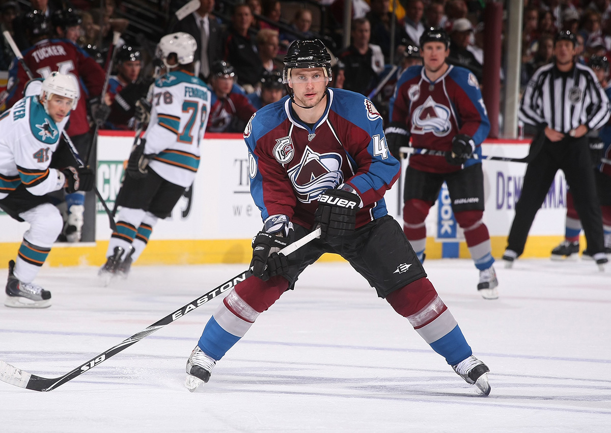 Marek Svatos skates against the San Jose Sharks at the Pepsi Center on October 1, 2009 in Denver, Colorado. 