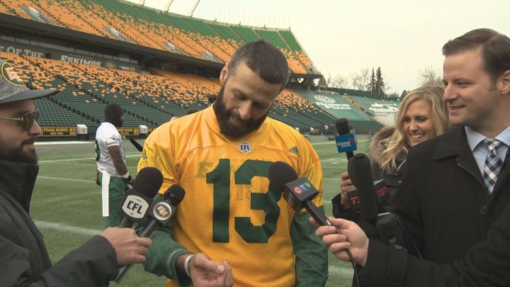 Edmonton Eskimos QB Mike Reilly was still wearing his hospital bracelet at practice Wednesday, Nov. 16, 2016 after welcoming a baby girl Monday night.