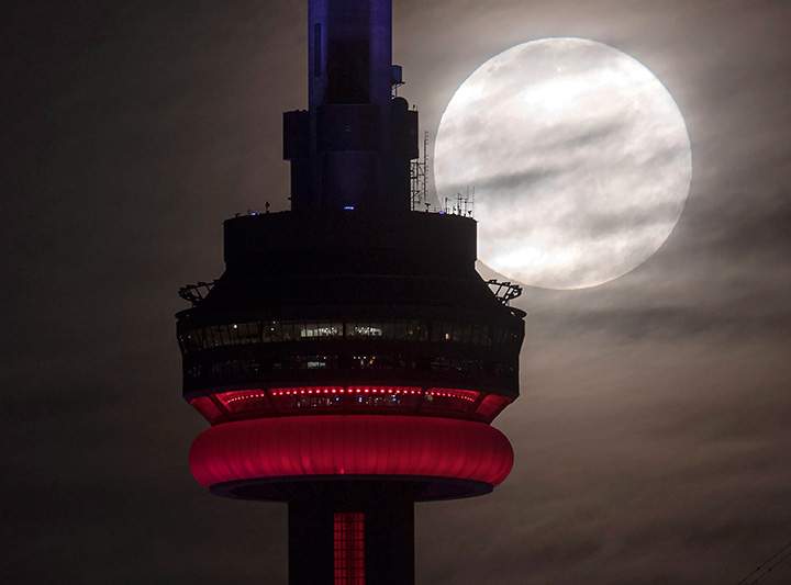 The super perigee full moon sets behind the CN tower in Toronto on Monday, Nov. 14, 2016.